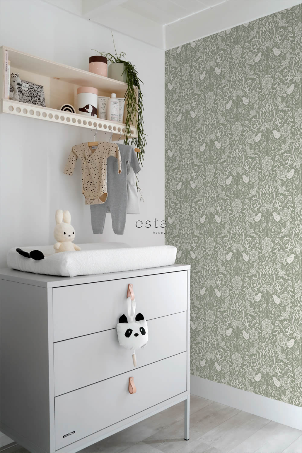 Tapete Blumen Vögel Blattornamente Jugendstil grün Vlies 139293