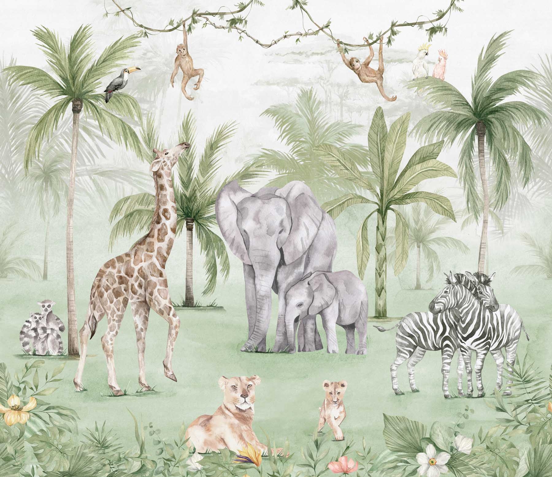 Safari Wandbild Dschungel Elefant Giraffe grün Prägevlies
