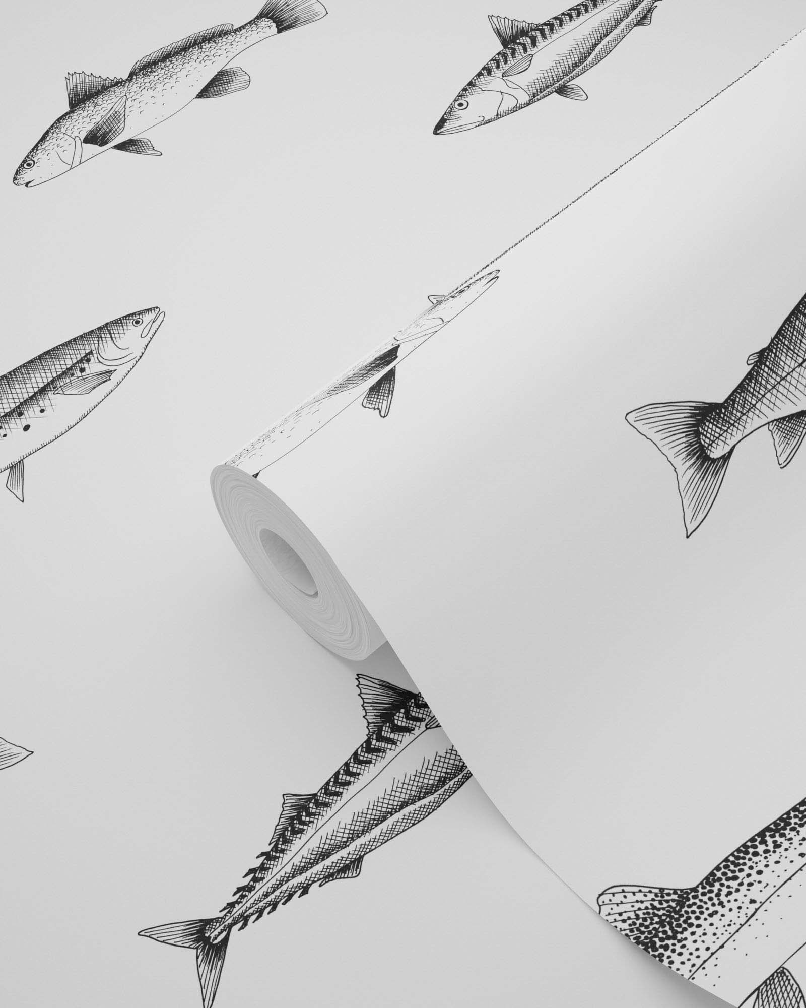 Fischtapete Zeichnung schwarz weiß Vlies 138967