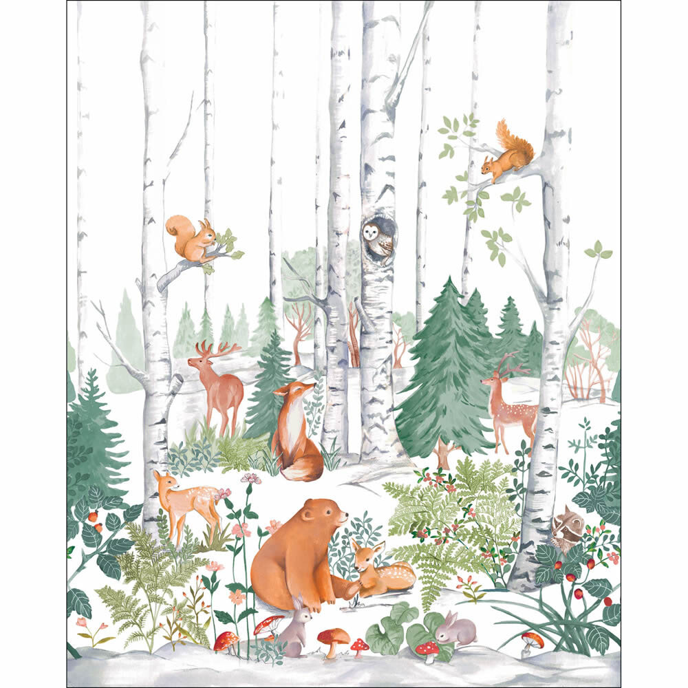 Mural L forest birch trees forest animals squirrel raccoon PMW104817002