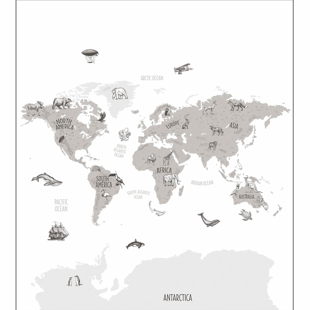 Mural gray world map animals Our Planet OUP102039918-36-OUP102039918