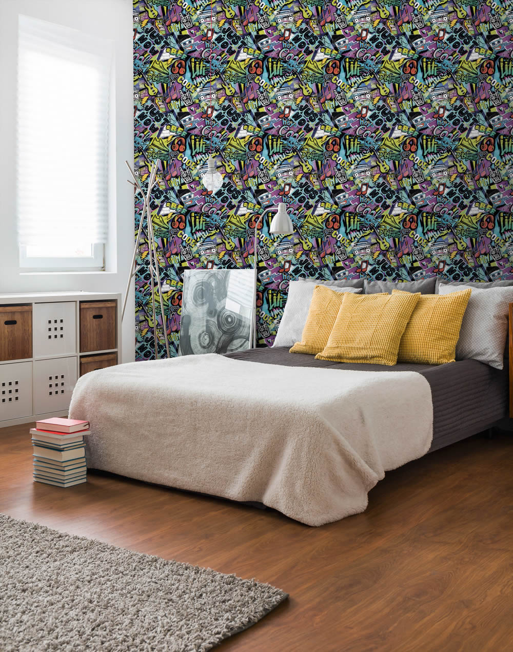 Mustertapete Vlies Graffiti farbenfroh bunt lila blau gelb 771421-8-771421