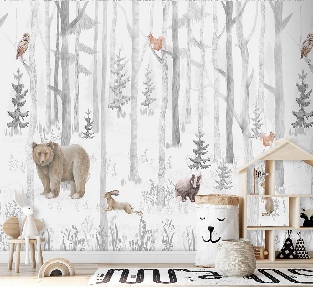 Wandbild Vlies Wildtiere im Wald Reh Hase und Bär grau weiß CW6044-1-62-CW6044-1