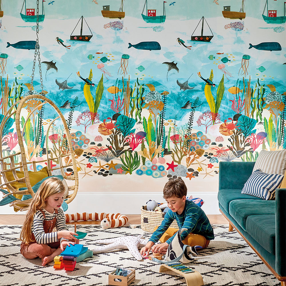 Buntes Kinderzimmer Wandbild mit Unterwasserwelt und Korallenriff
