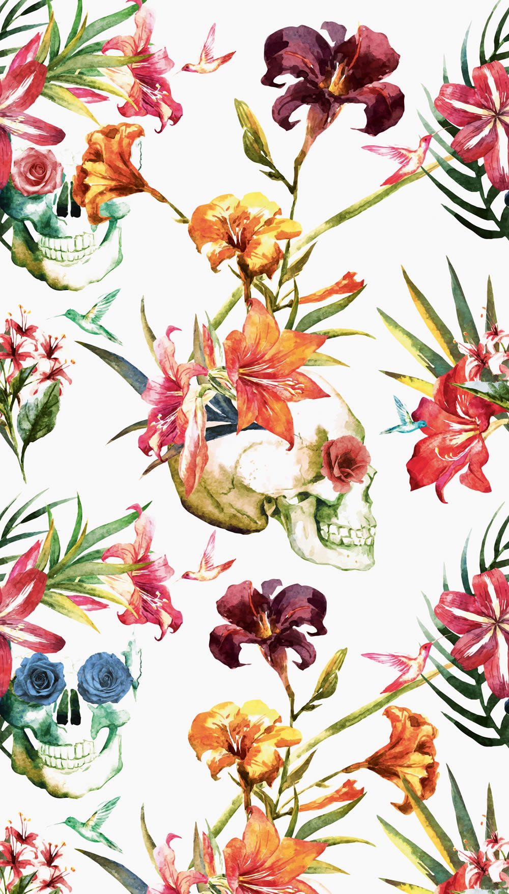 Wandbild 159 x 280 cm Blumen Totenkopf Schädel weiß ML2701