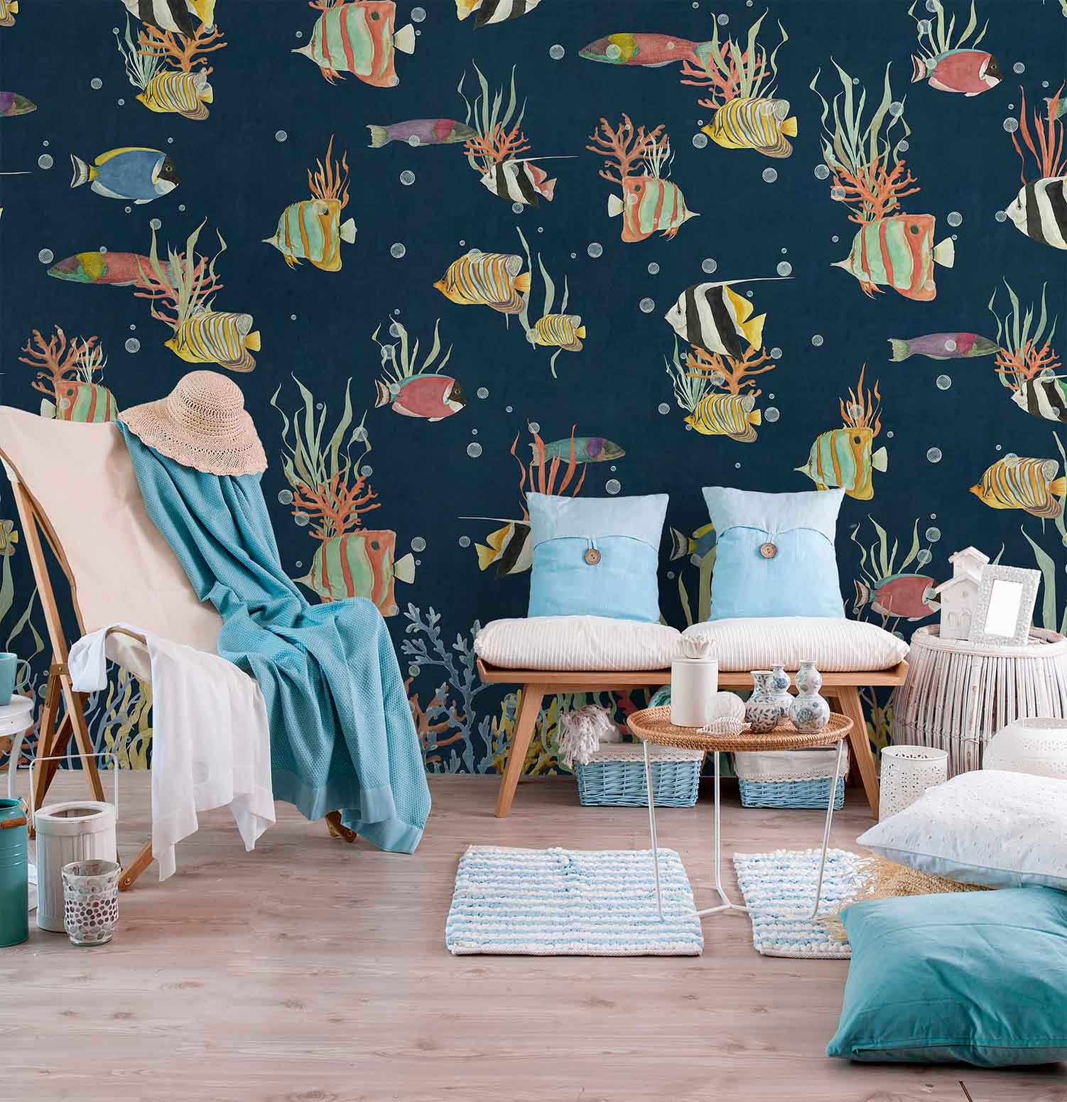 Wandbild Unterwasser tropische Fische Korallen blau Prägevlies