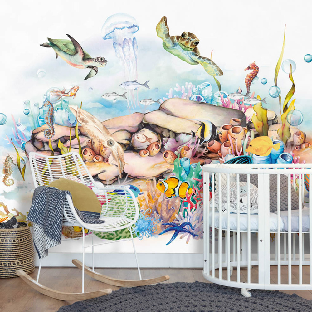 Wandbild 3,71 x 2,65 m Korallenriff Unterwasserwelt Schildkröte pastellfarben Blau 365023