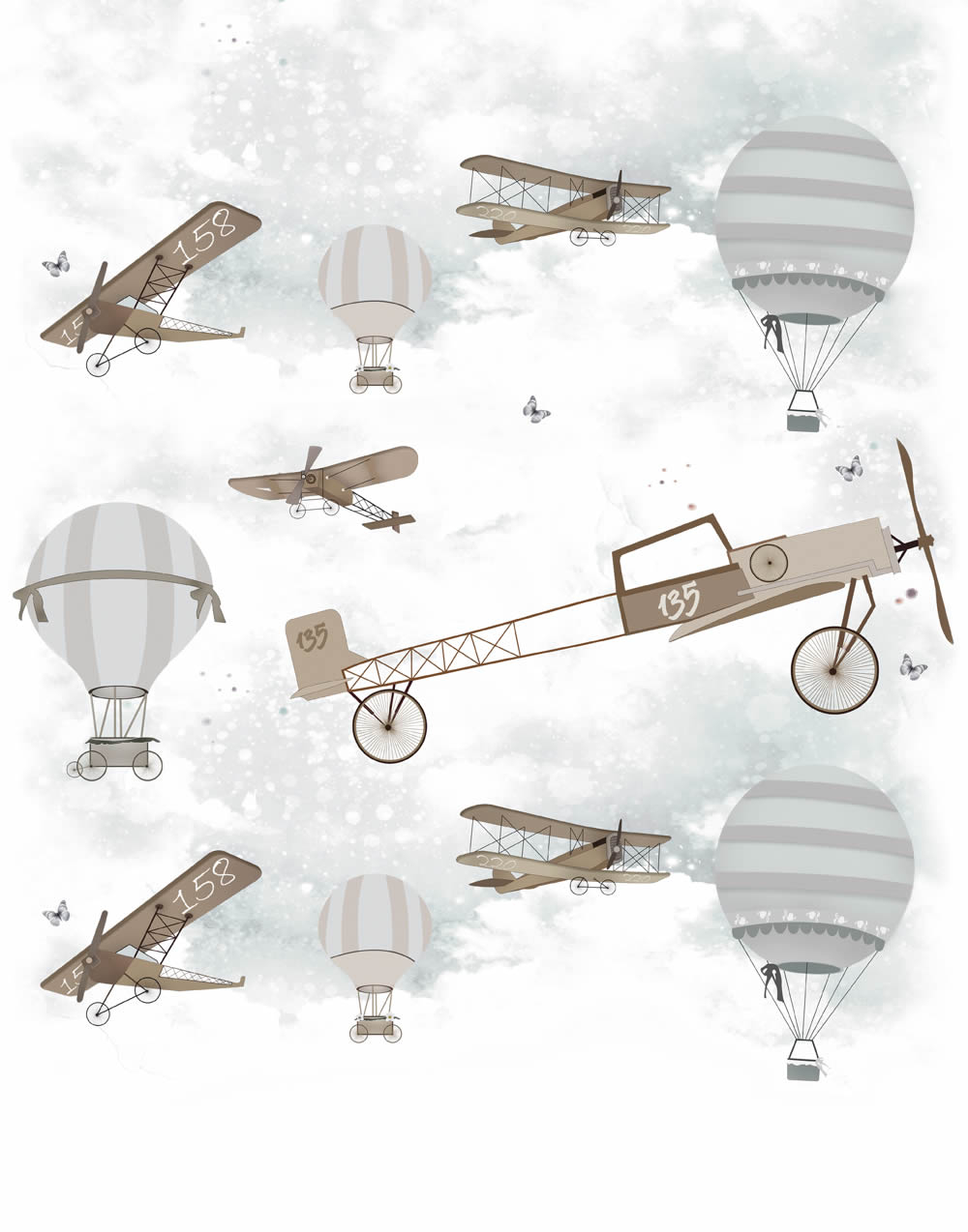 Heißluftballon und Flugzeuge Wandbild cream grau braun Kids Walls 45859