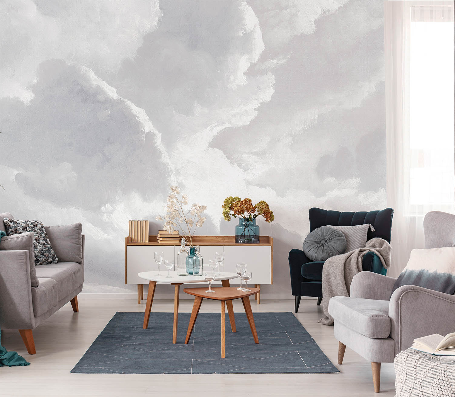 Beschichtetes Prägevlies Aquarell Wandbild Wolken grau