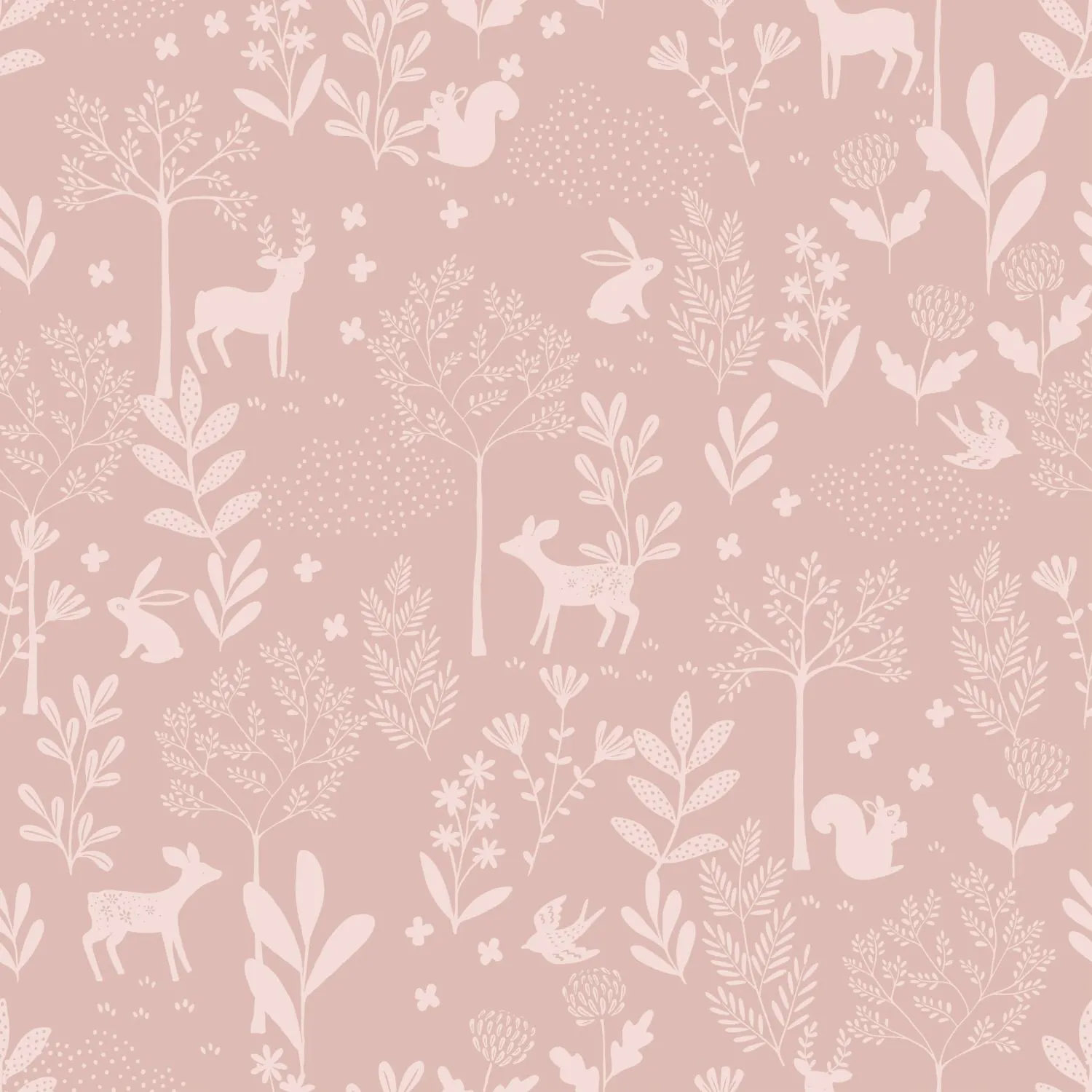 Kleine Waldtiere Naturtapete süßes Eichhörnchen und Reh rosa