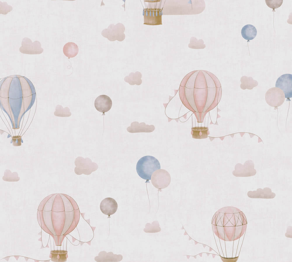 Vliestapete Heißluftballons Wolken Wimpelchen blau rosa 770771-8-770771