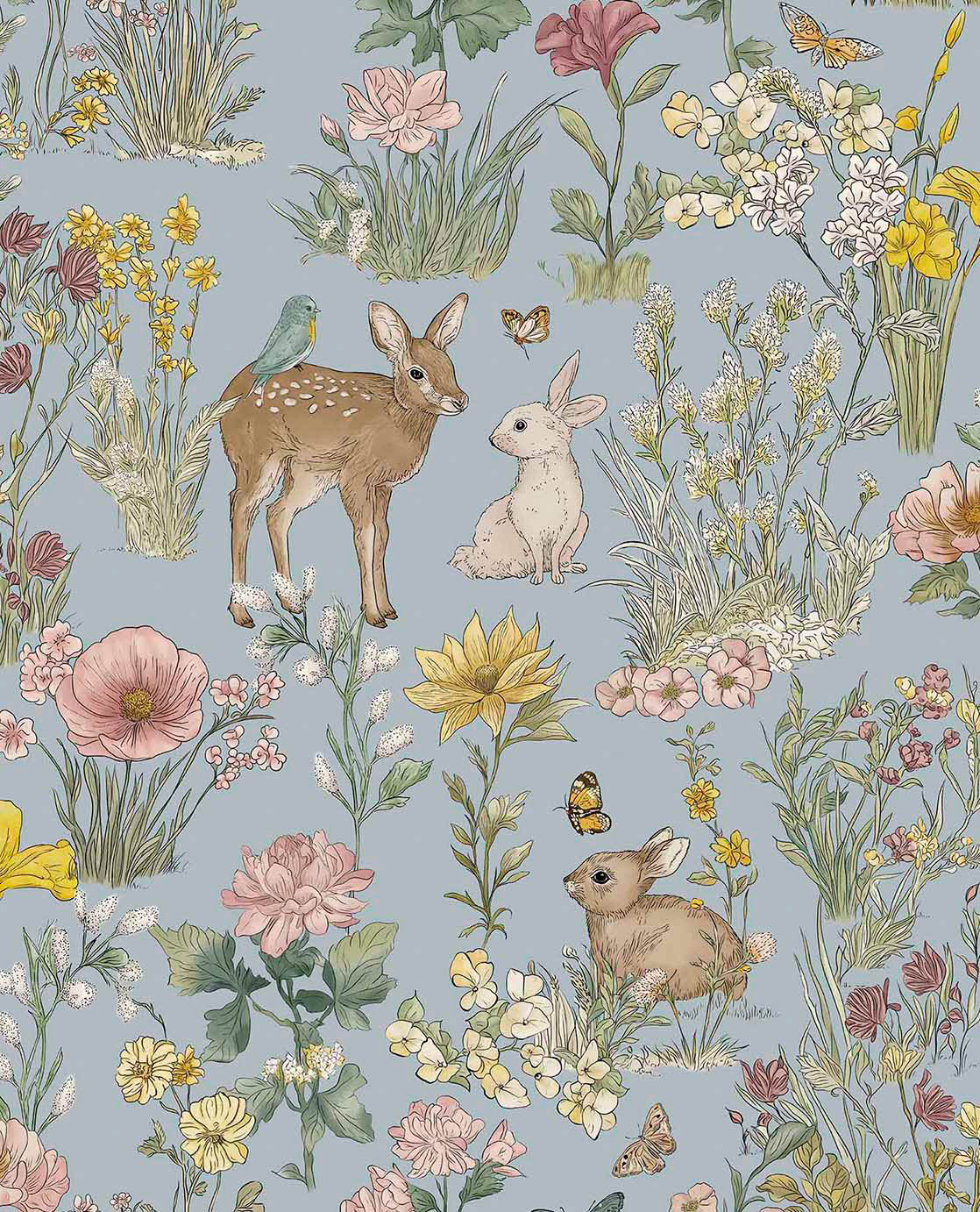 Tapete Zauberhafte Blumenwiese Hase Rehkitz Waldtiere hellblau