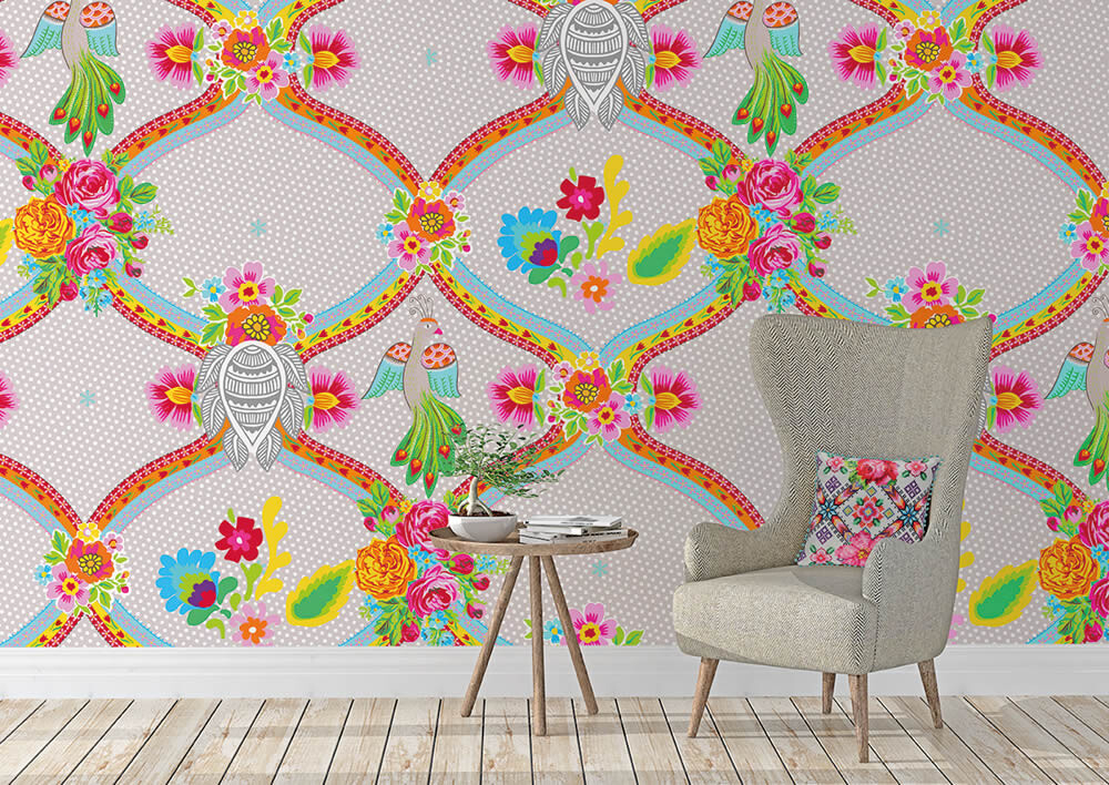 Wandbild Hell-Grau Punkte Muster Blumen-65-TD4031