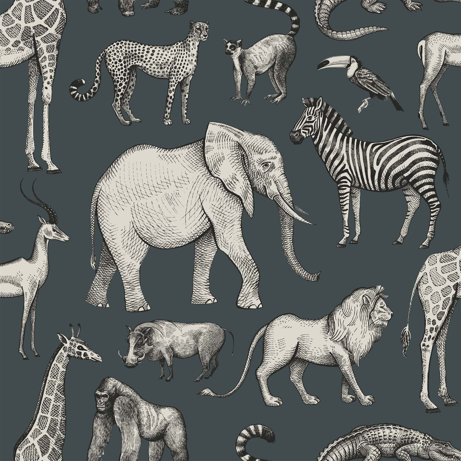 Safarietiere Tapete Giraffe Elefanz Zebra Vlies vintageblau 139272