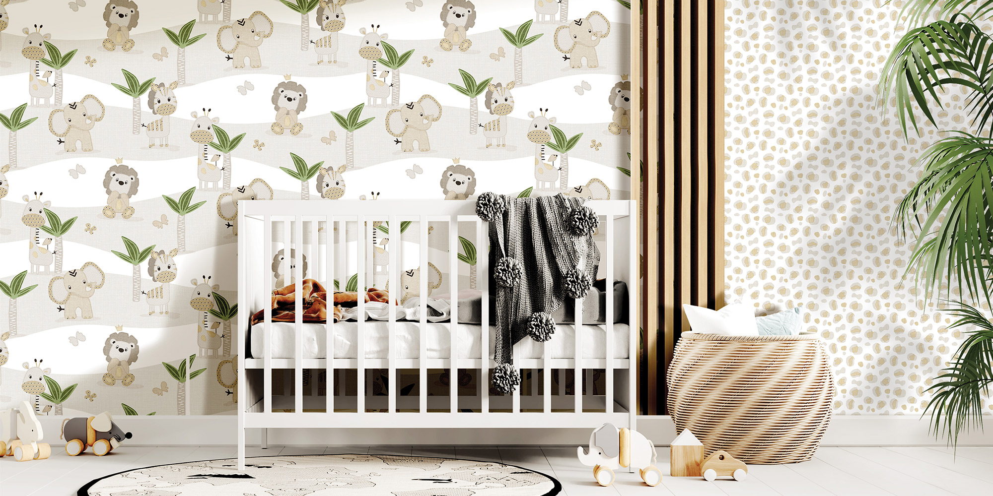 Kindertapete mit niedlichen kleinen Elefanten und Löwen für eine geschlechtsneutrale Wandgestaltung im Kinderzimmer.