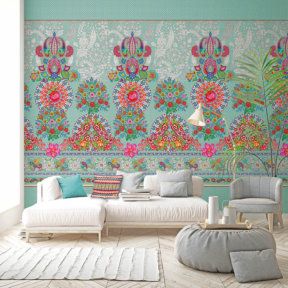 Wandbild Blau Bunt Blumen Verzierungen-65-TD4014