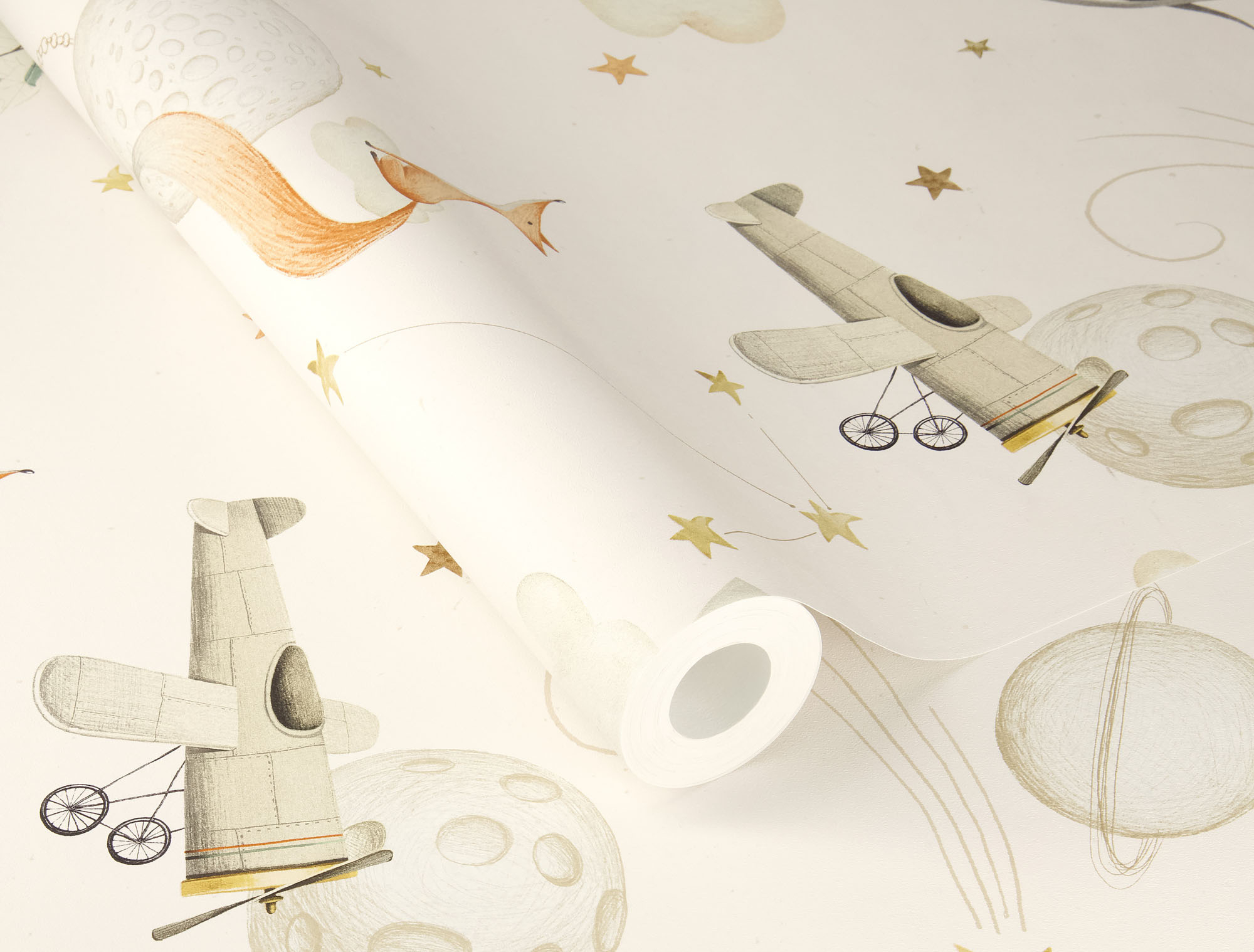 Tapete Sterne und Mond nostalgische Flugzeuge im Himmel Vlies weiß