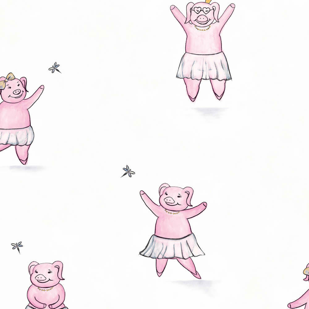 Pattern wallpaper happy pig dancing pink ivory 27571-HTM