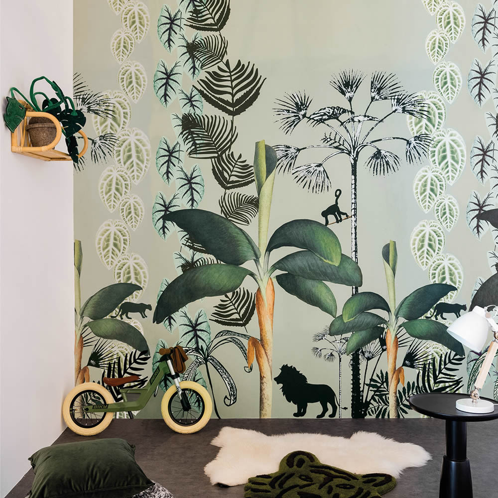 Wandbild Tiere Urwald Löwen Affen Jungle hellgrün 557688