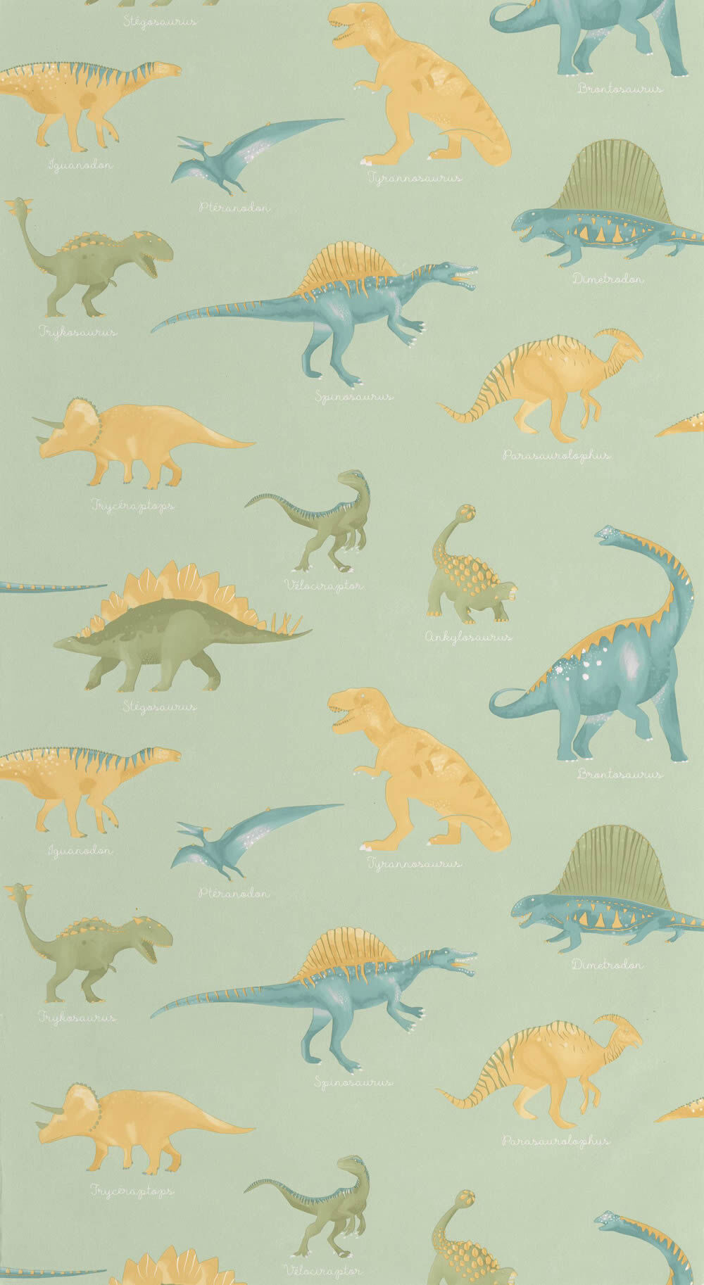 Prehistoric wallpaper dinosaur non-woven wallpaper green ocher blue Les Minis Mondes Caselio MNM105707001