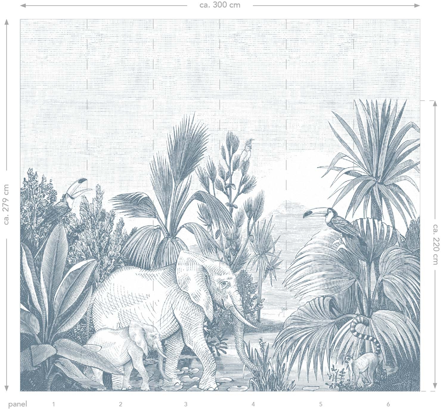 Dschungel Wandbild Elefanten Tiere blau 300 x 279 cm 159059