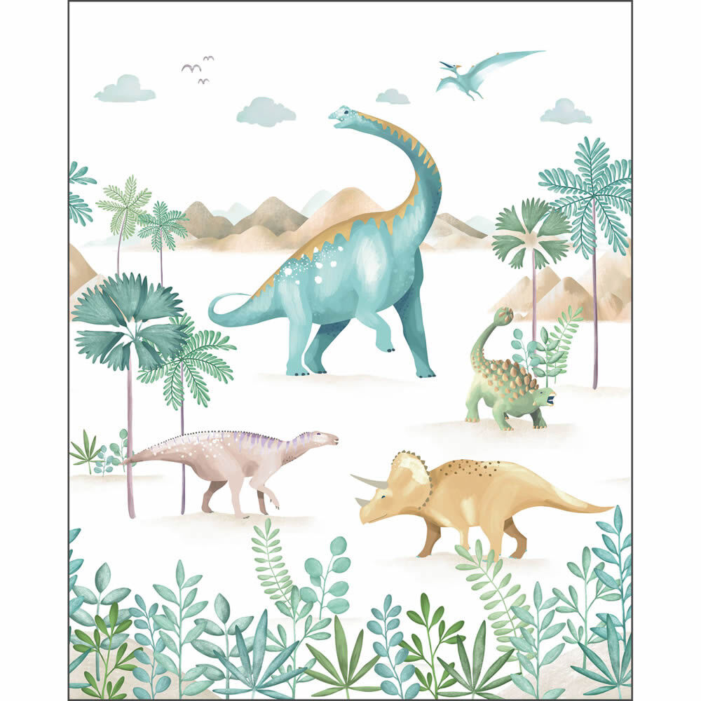 Wall panel L Dino prehistoric Brachiosaurus mountains and nature green beige blue Les Minis Mondes Caselio MNM105774502