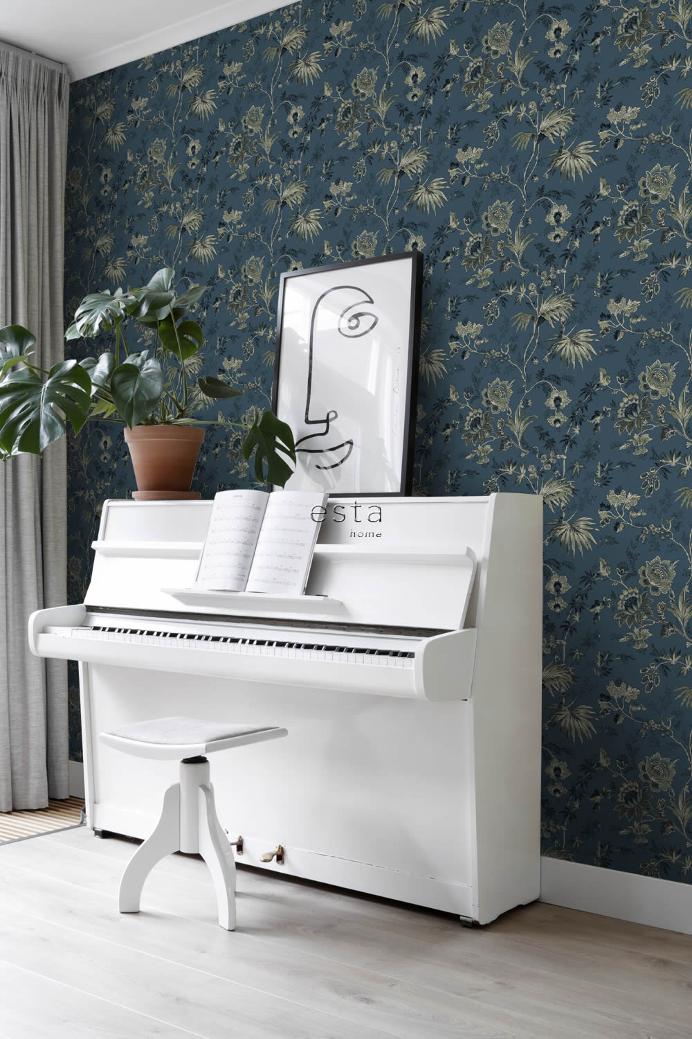 Tapete Vintage Blütenranken blau Vlies 139315