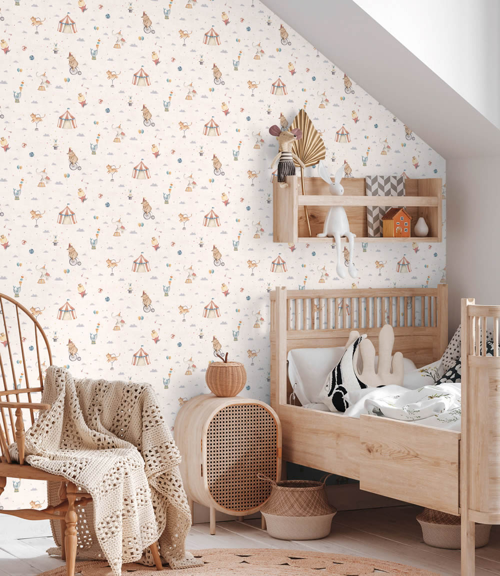 Zirkustapete Vlies Zirkustiere Bär Hase Tiger glatt matt bunt 771481-8-771481