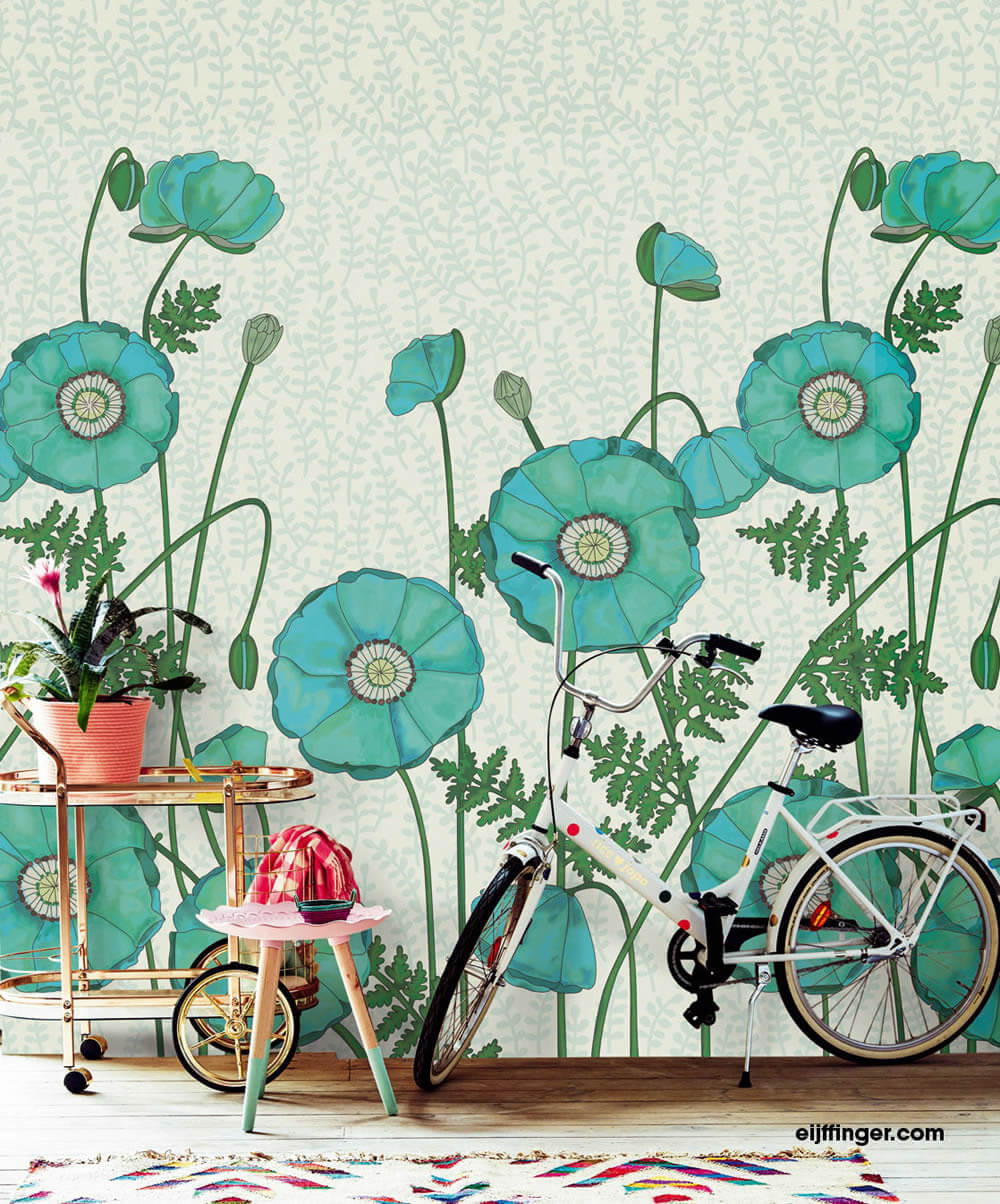 Mural non-woven Blue Green Poppies-55-383610