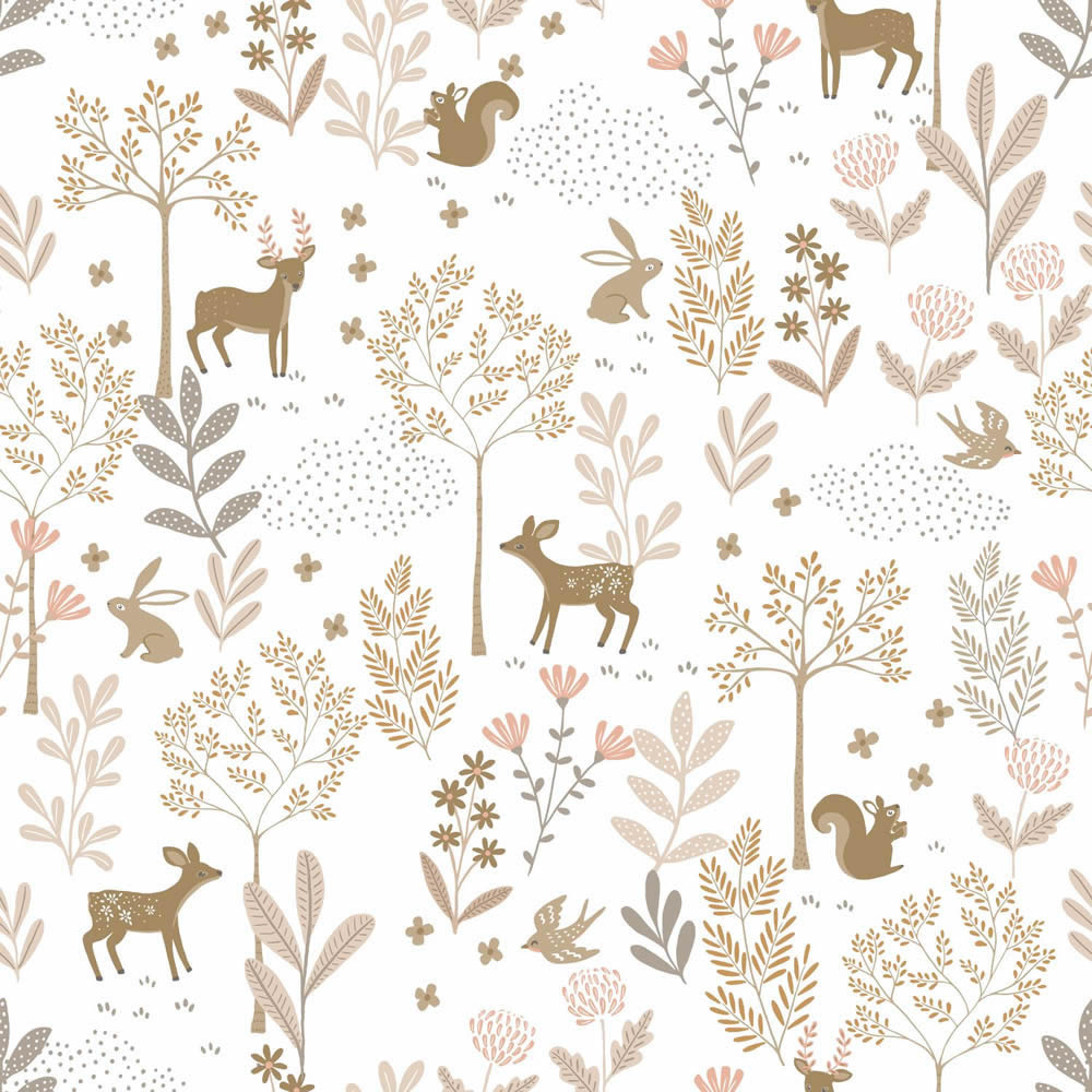 Waldtapete Tiere Hasen Rehe Bäume Vlies rosa beige 139521