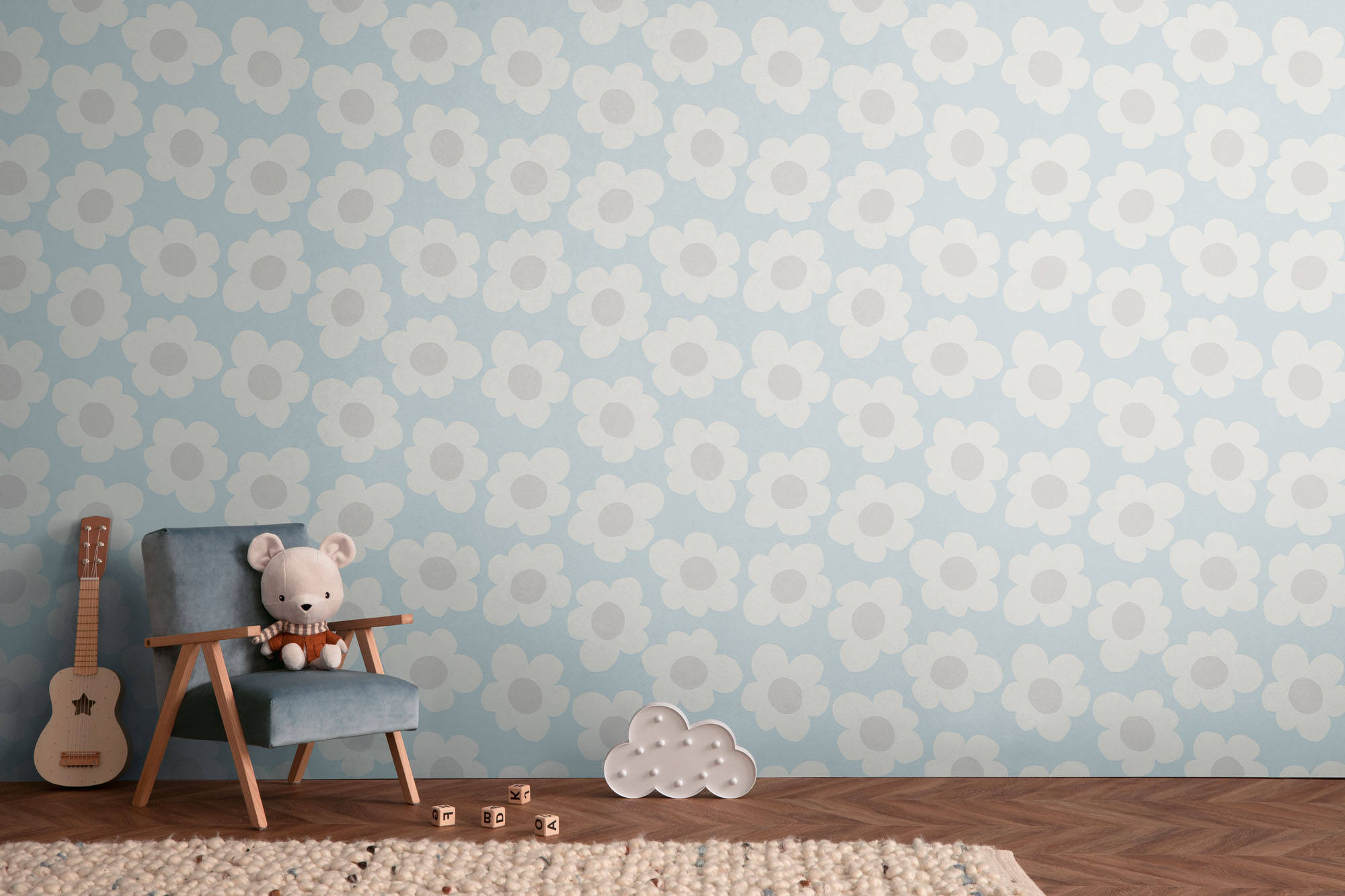 Tapete Retro Blumentapete große Gänseblümchen blau Vlies 792133