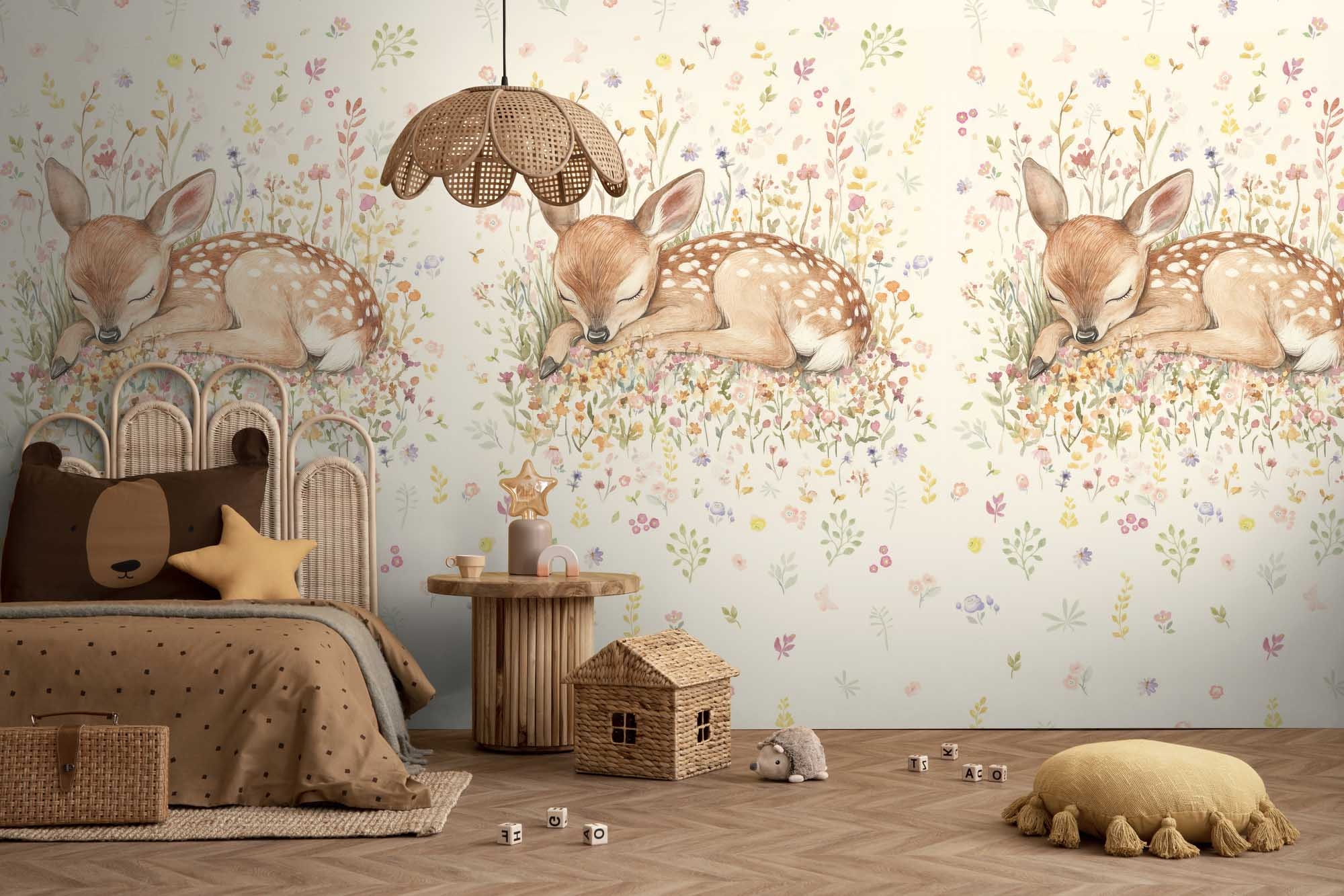Wandbild Rehkitz Wildblumen beige 159 x 280 cm 792886