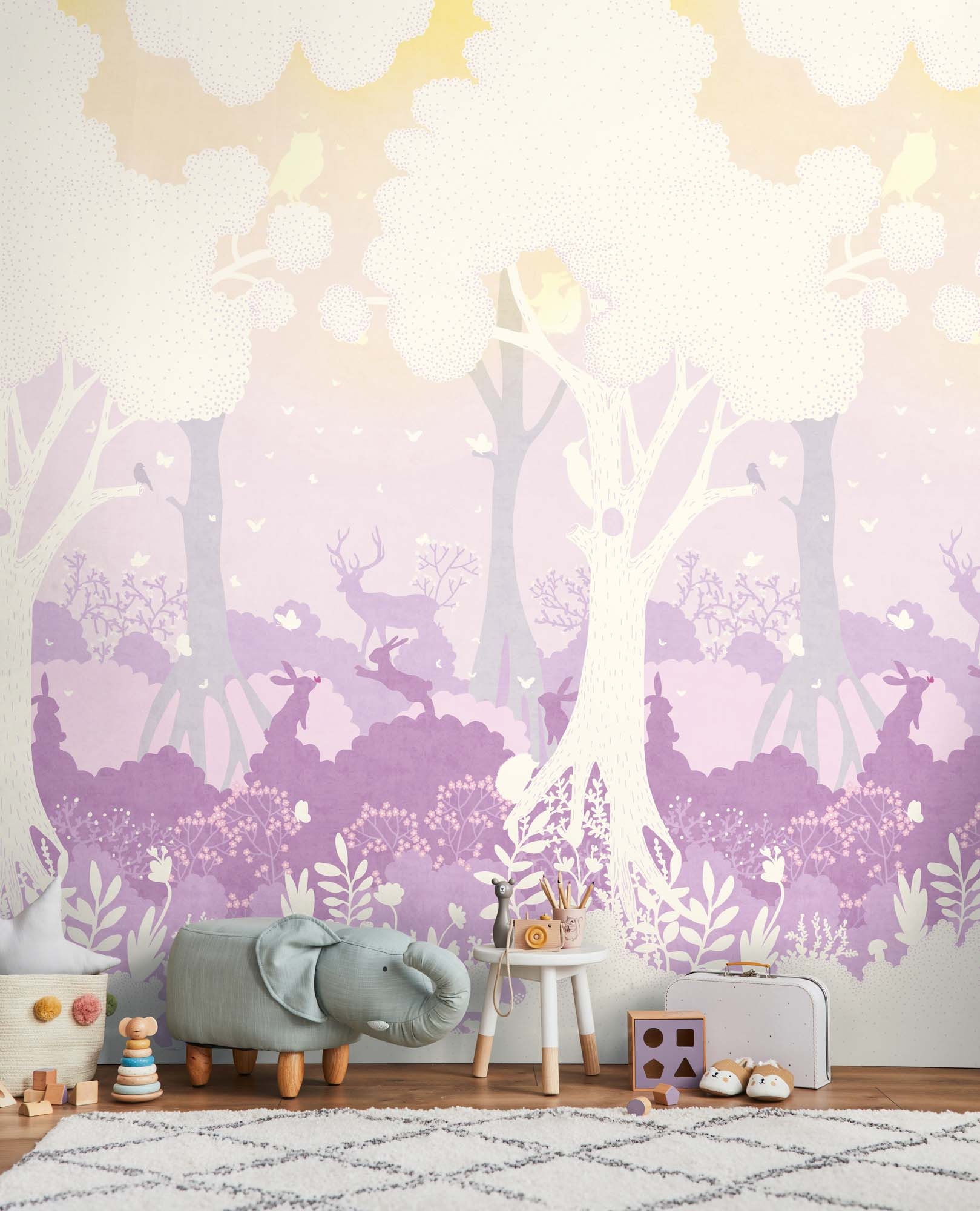 Wandbild Zauberwald Tiere lila gelb 159 x 280 cm 792894