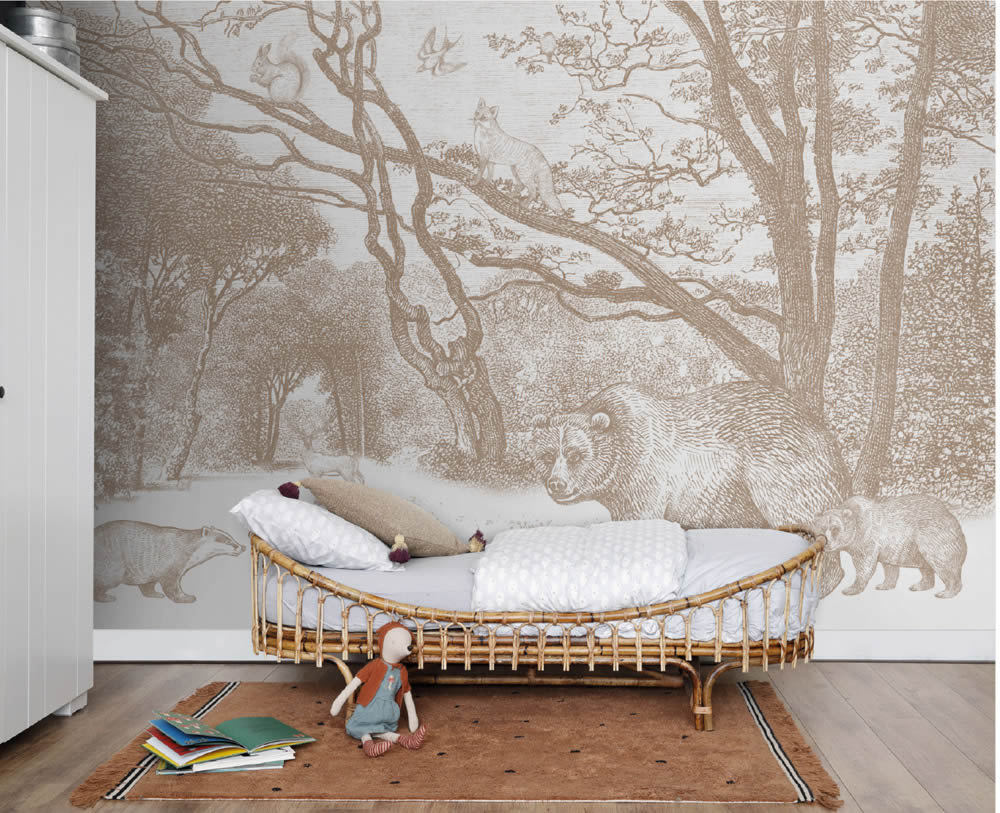 Hirsch und Fuchs Beigebraun Wandbild Woodland Rasch Textil 159064