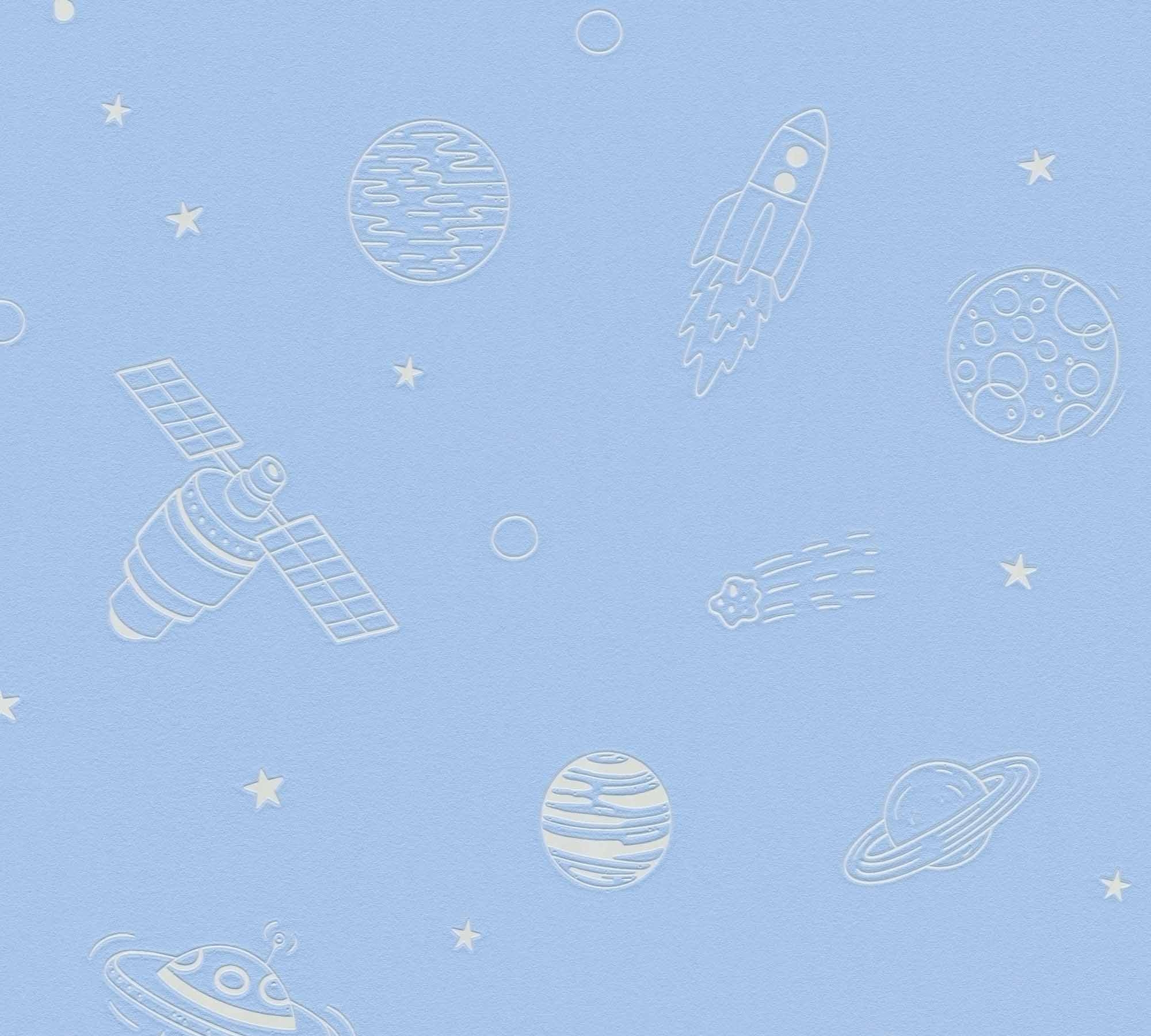 Tapete Weltraum Raketen Planeten Leuchteffekt blau 792601