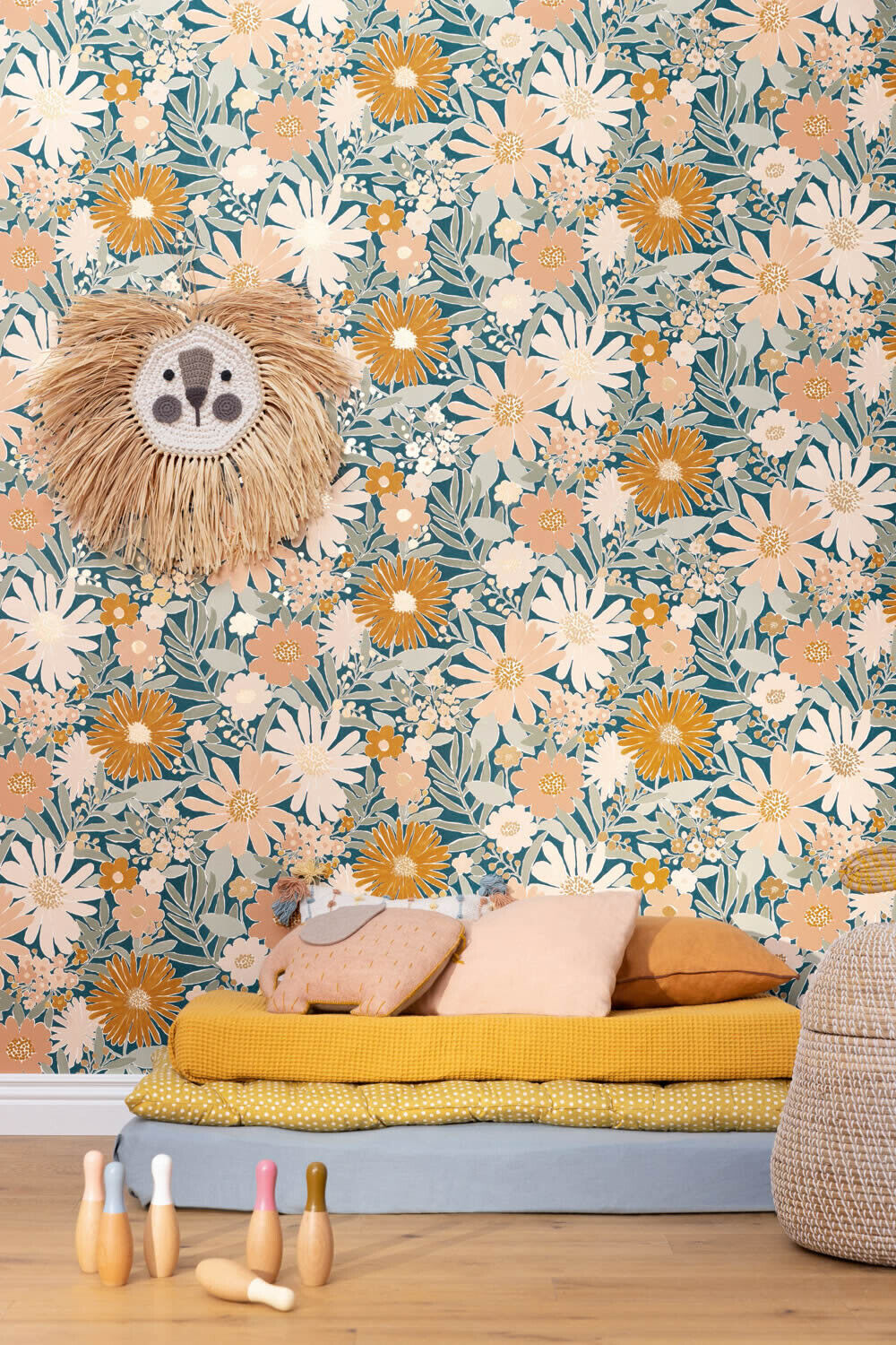 non-woven wallpaper blossoms leaves flowers blue LGG104436498