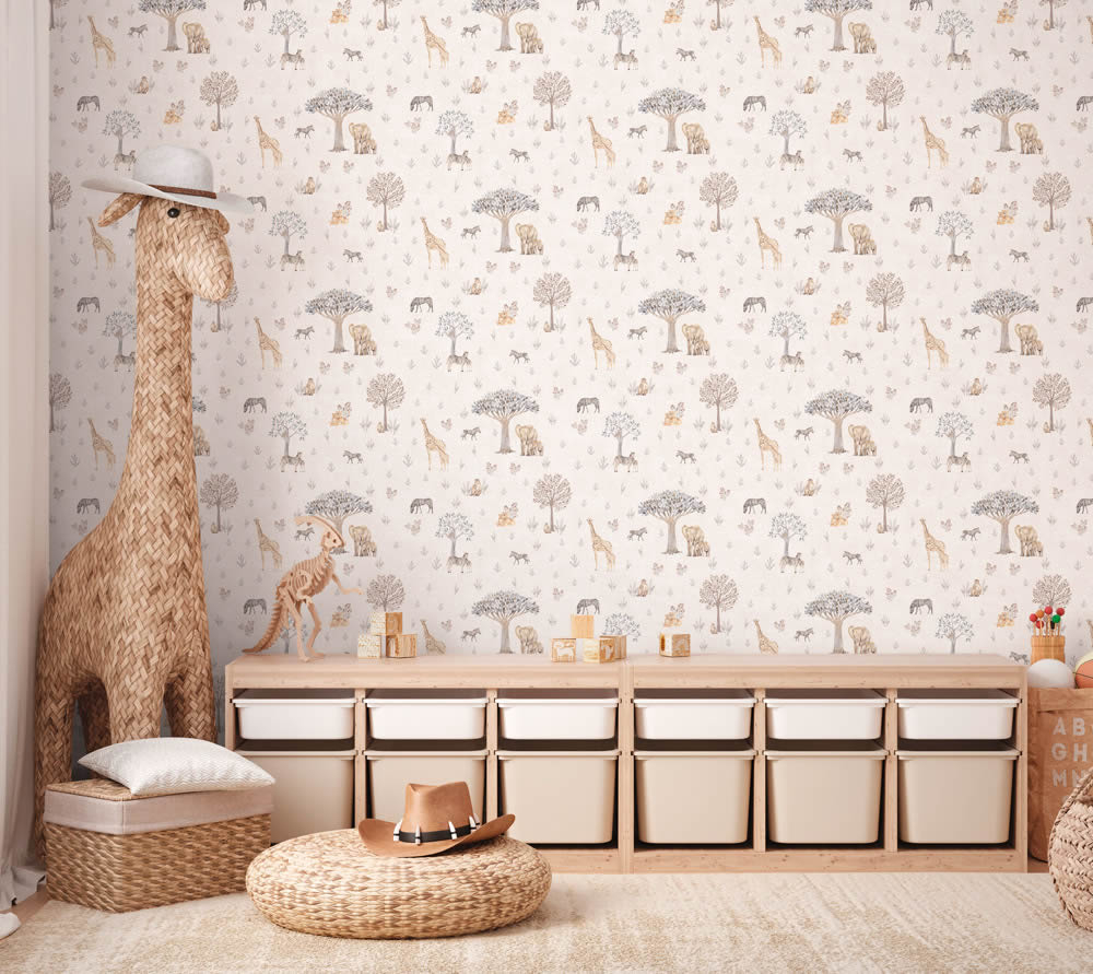 Mustertapete Vlies Safari Zebra Elefant giraffe beige gelb grau 771761-8-771761