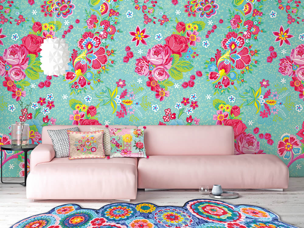 Wandbild Aqua-Blau Bunte Blumen-65-TD4016