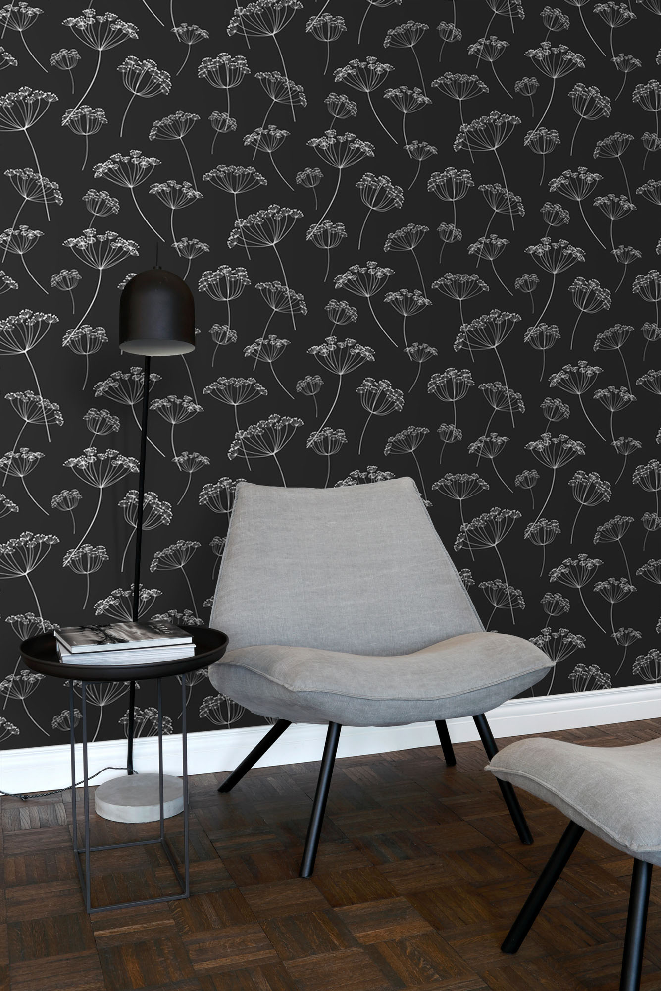 Tapete Scandi Tapete weiße Blumen schwarz Vlies 139105
