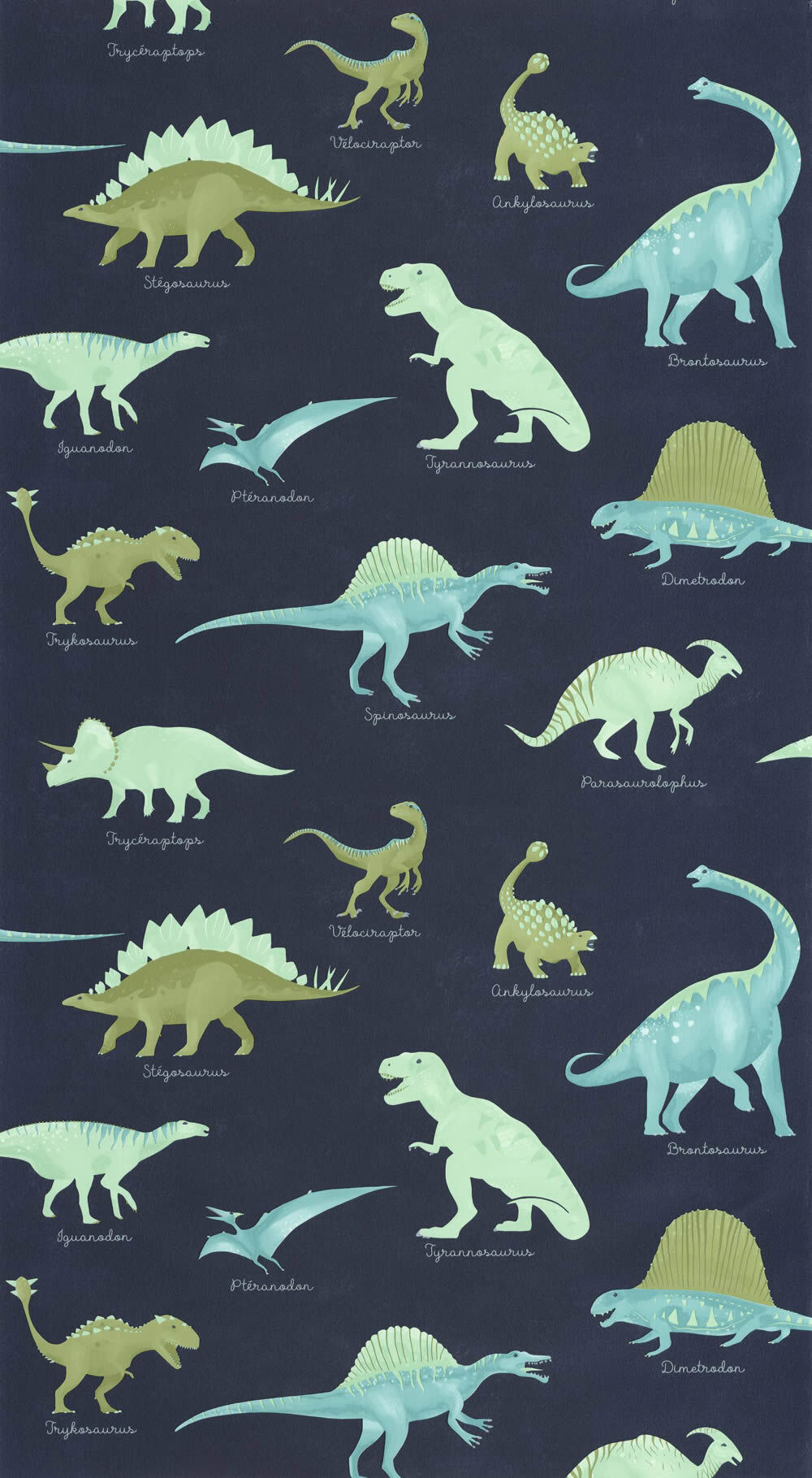 Dinosaur wallpaper non-woven dark blue green and mint dinosaur Les Minis Mondes Caselio MNM105706060