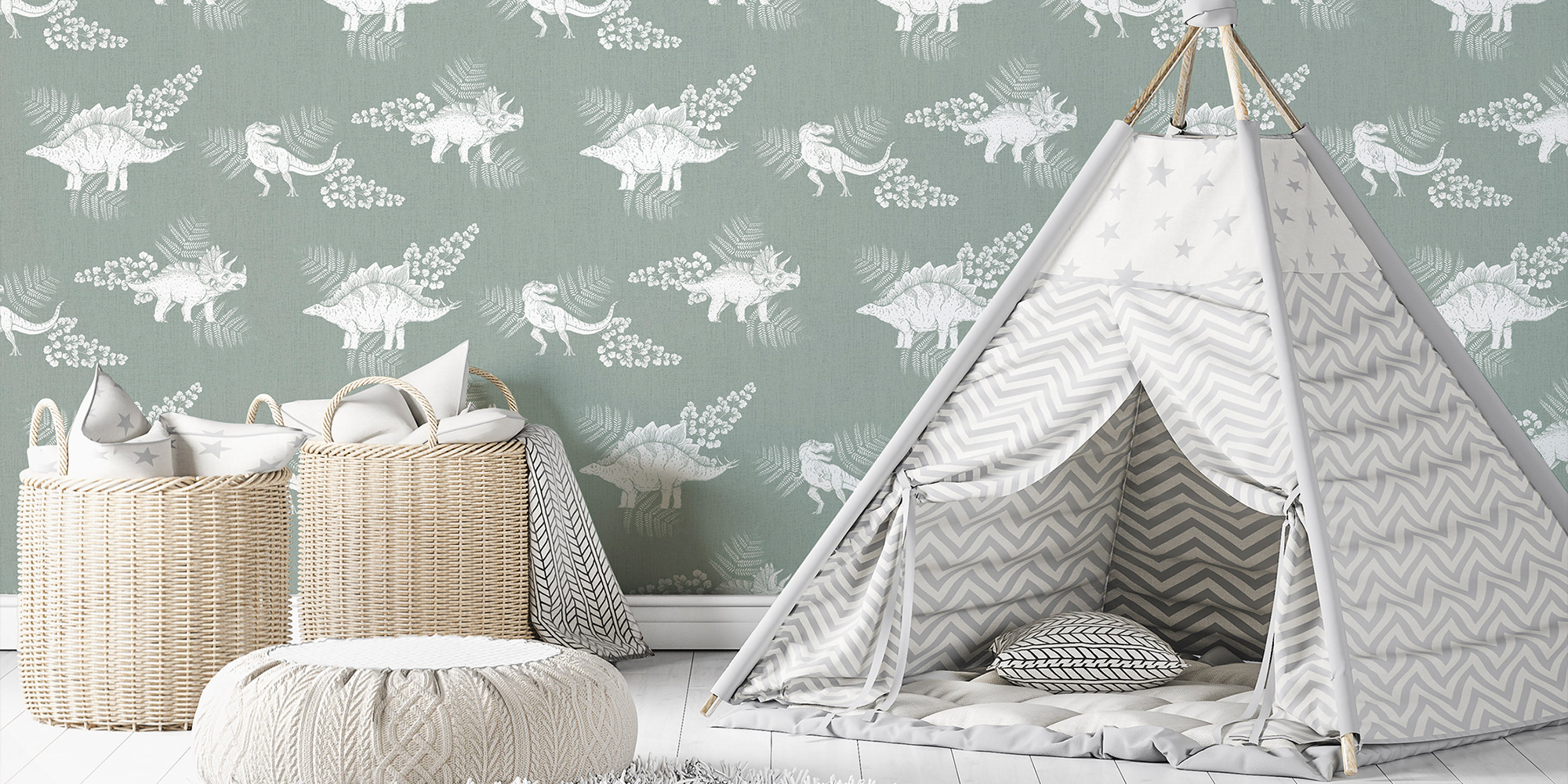 Dinotapete in Eucylptus Grün mit weißen Dinos für die Wände im Kinderzimmer.