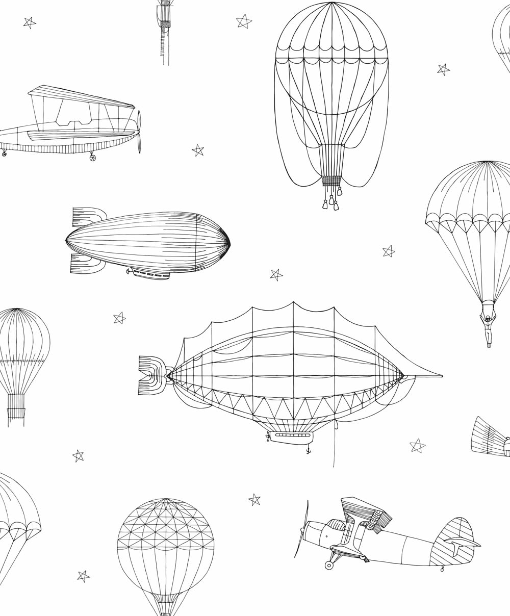 Sterne Fallschirmspringer Zeppelin Tapete weiß und schwarz Kids Walls 45827