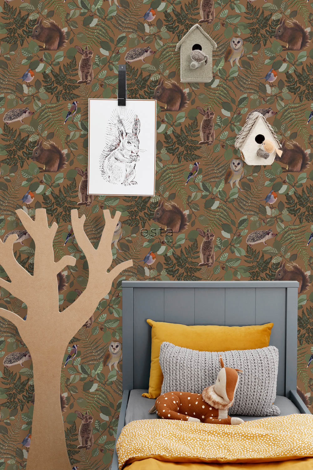 Waldtiere Tapete Blätter Vlies camel grün 139251