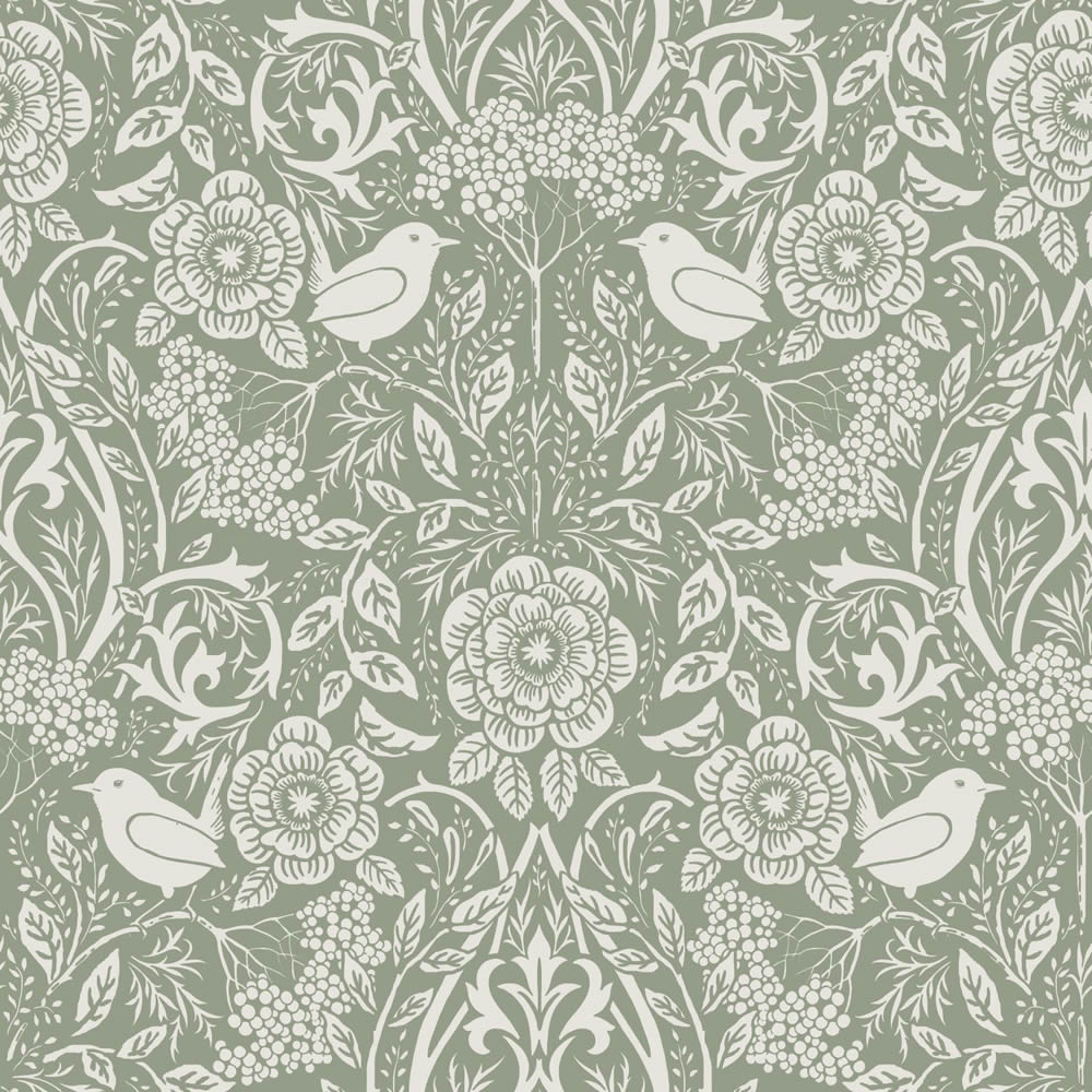 Tapete Blumen Vögel Blattornamente Jugendstil grün Vlies 139293