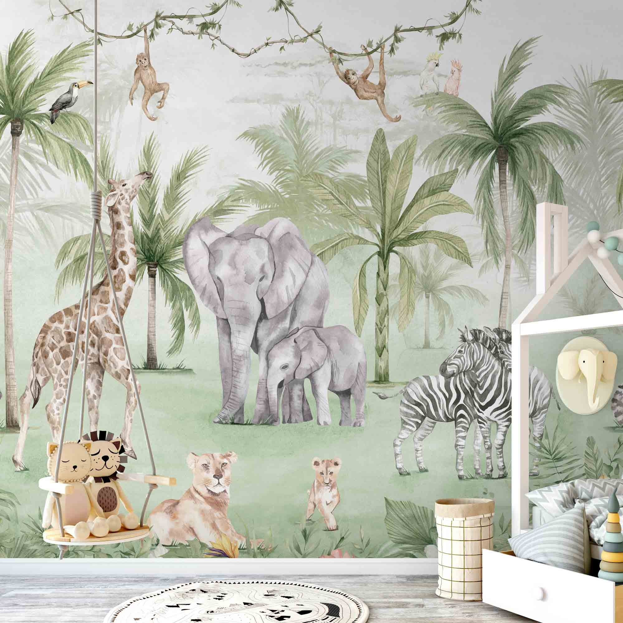 Safari Wandbild Dschungel Elefant Giraffe grün Prägevlies