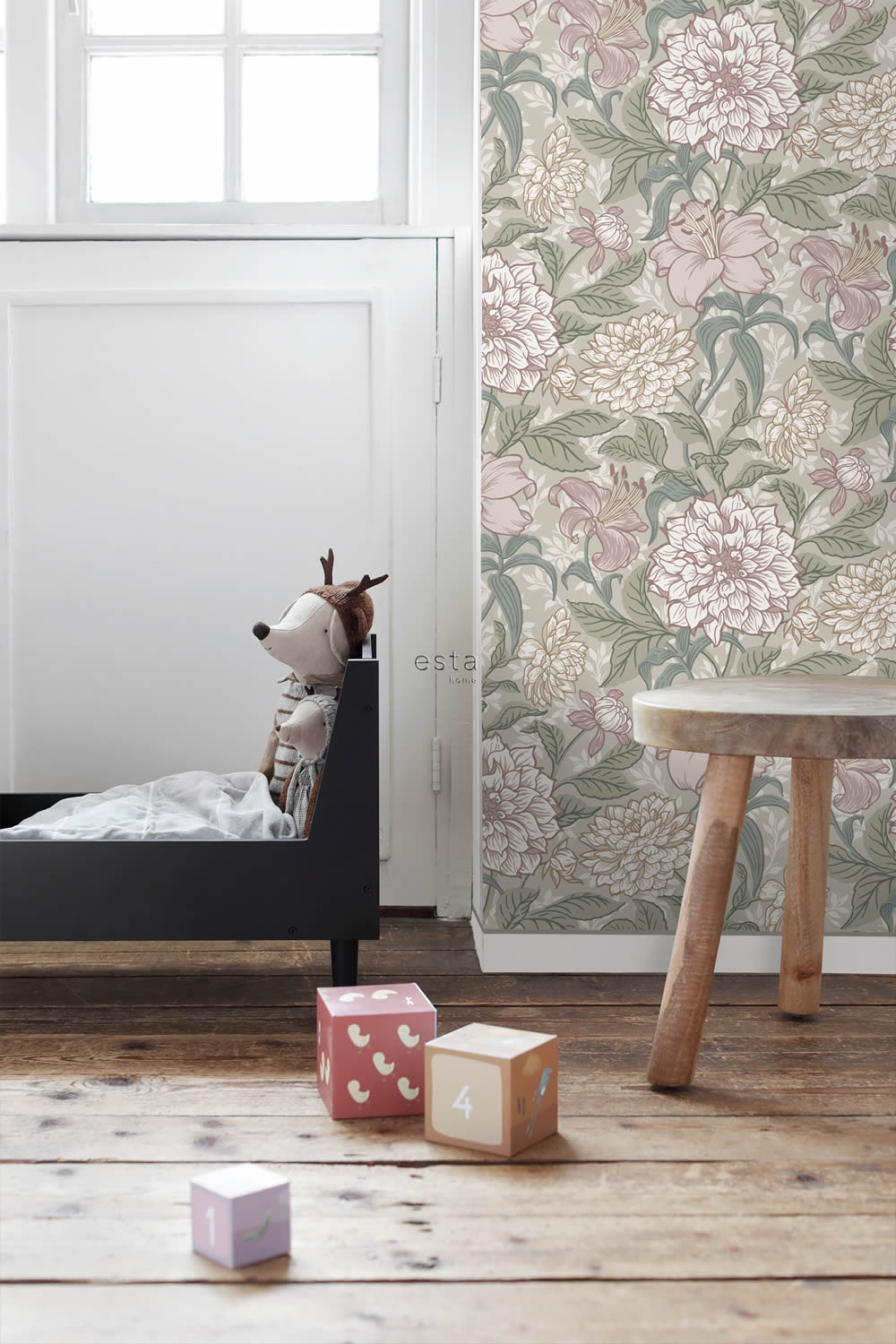 Tapete Blumen große Blütenköpfe Vintage rosa grün 139377