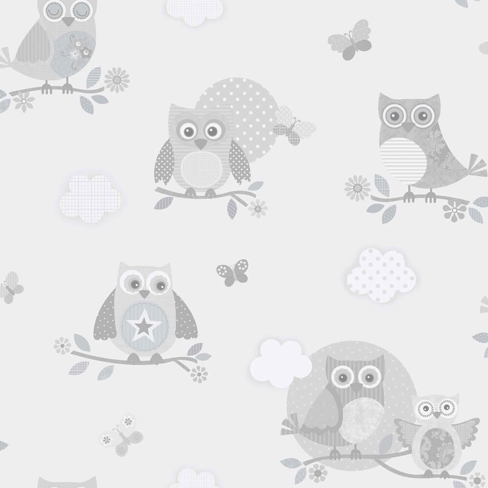 Wallpaper non-woven owls grey