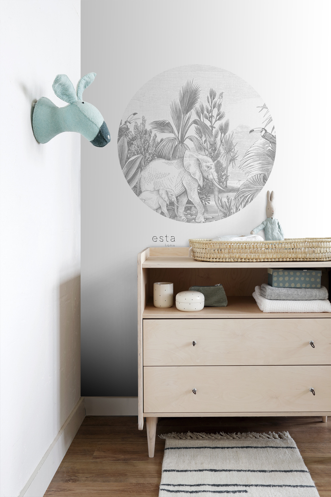 Dschungeltiere Wandbild rund grau 70 cm Vlies 159075
