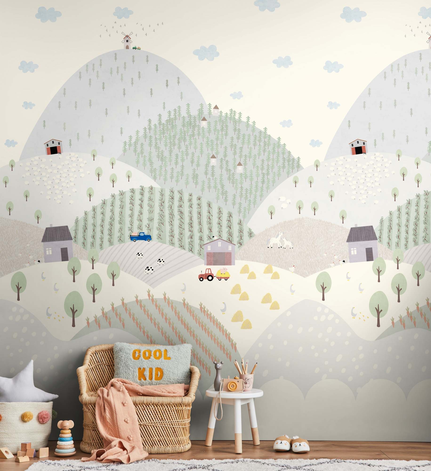 Wandbild Bauernhof Landschaft Hügel beige 159 x 280 cm 792891