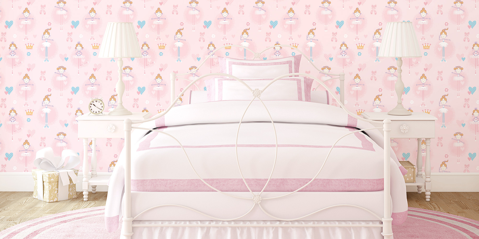 Mädchenzimmer mit einer rosa Wandgestaltung und einer hellrosa Tapete, verziert mit zarten Ballerina-Motiven.